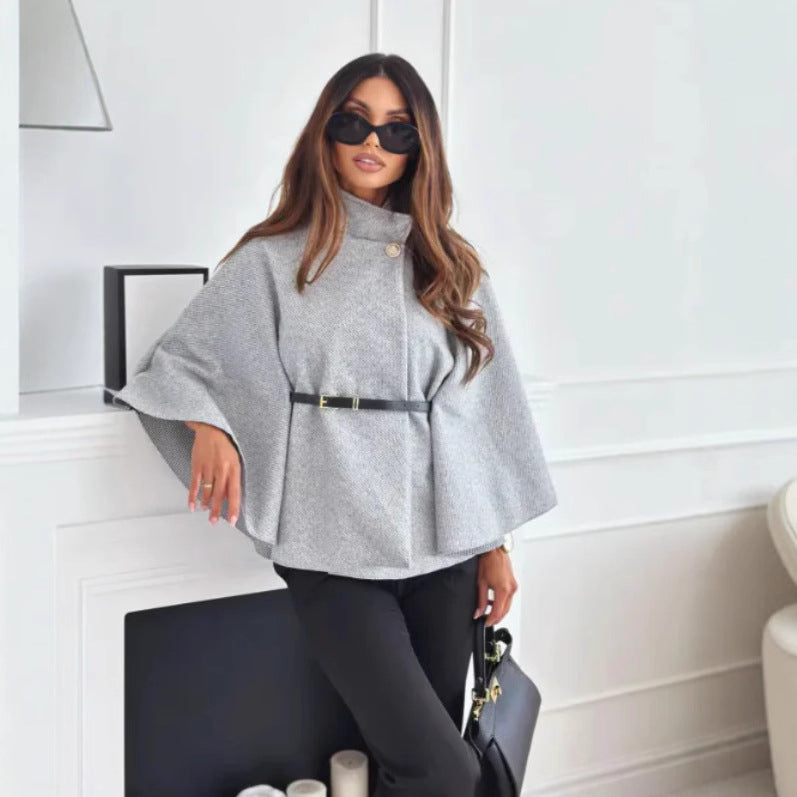 Elegant Women's Wool Blend Cape Coat with Waist Tie