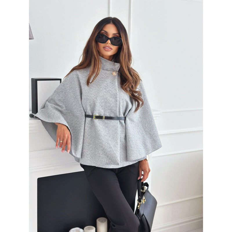 Elegant Women's Wool Blend Cape Coat with Waist Tie