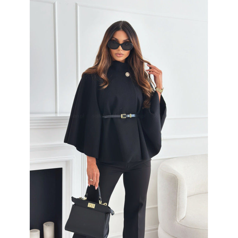 Elegant Women's Wool Blend Cape Coat with Waist Tie