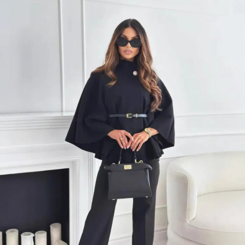 Elegant Women's Wool Blend Cape Coat with Waist Tie