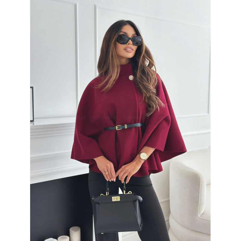 Elegant Women's Wool Blend Cape Coat with Waist Tie