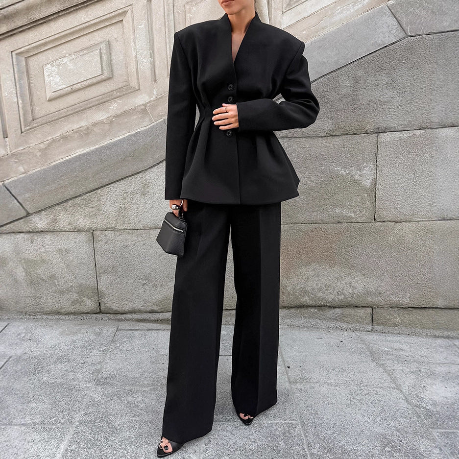 Women Clothing Fall Black High Grade Long Sleeved V neck Pleated Waist Tight Blazer Trousers Two Piece Set