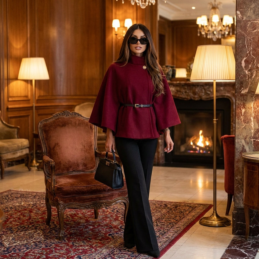 Elegant Women's Wool Blend Cape Coat with Waist Tie