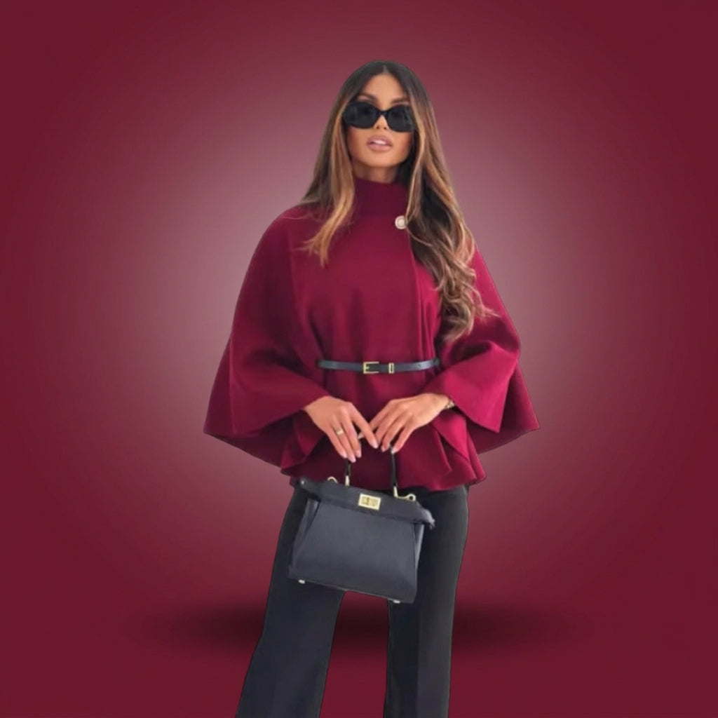 Elegant Women's Wool Blend Cape Coat with Waist Tie
